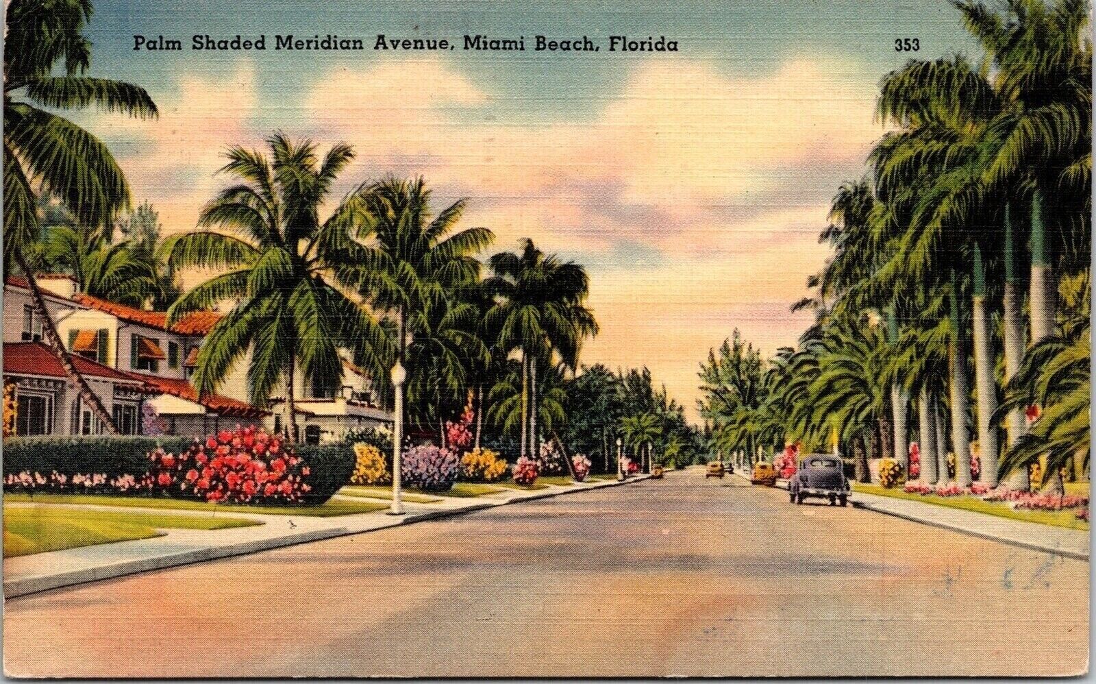 Palm Shaded Meridian Avenue Miami Beach Florida Linen Cancel WOB Postcard