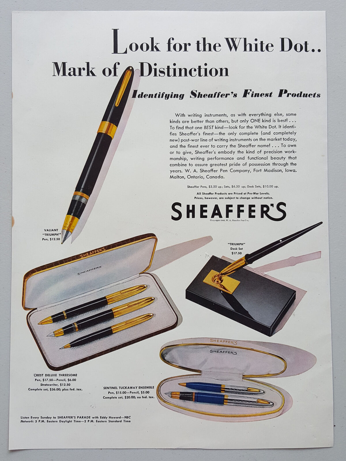 1948 Sheaffer Pen Writing Instruments Triumph Desk Set Vintage Magazine Print Ad