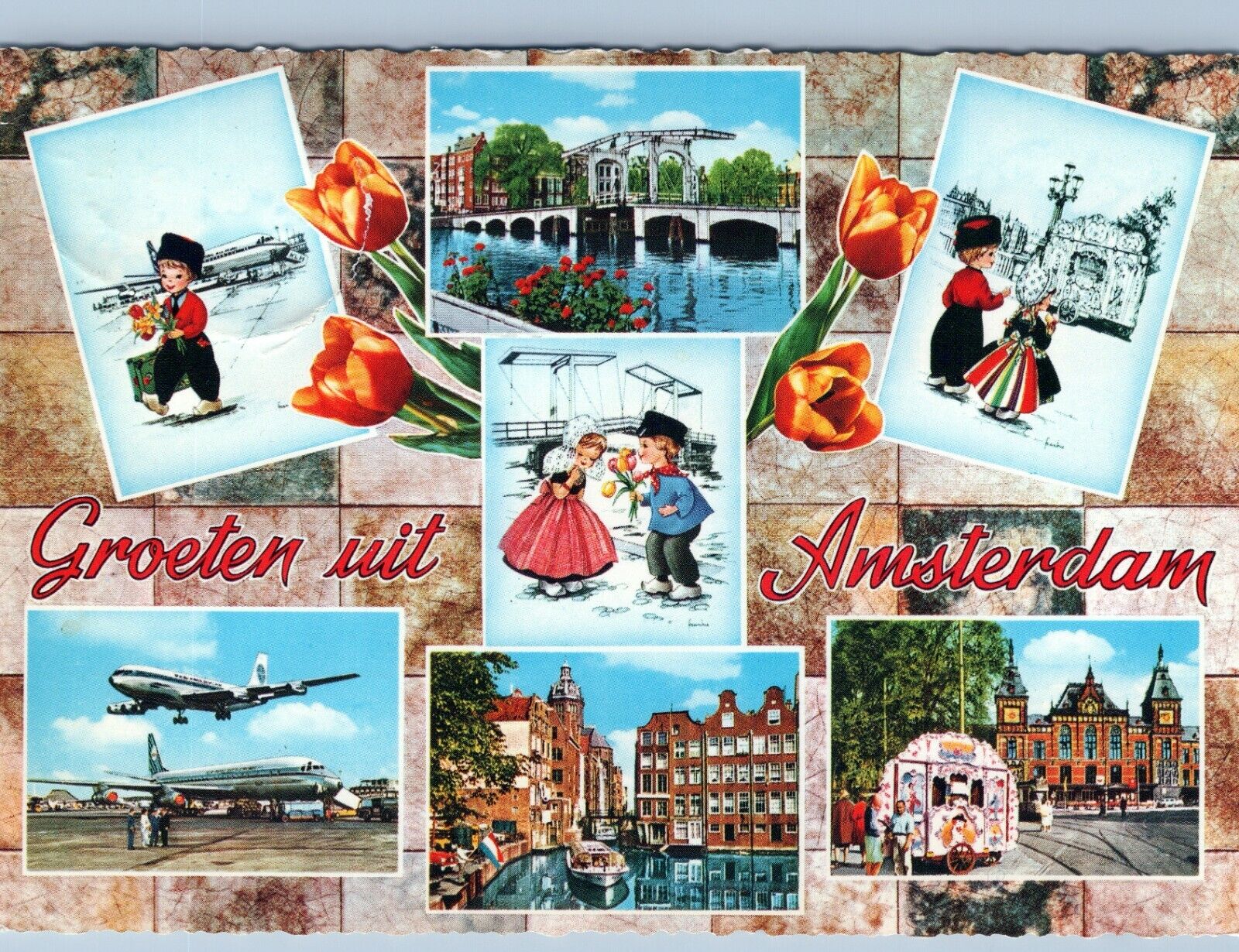 Greetings from Amsterdam Holland Chrome 4x6 Postcard A Pair 10 c Nederland Stamp