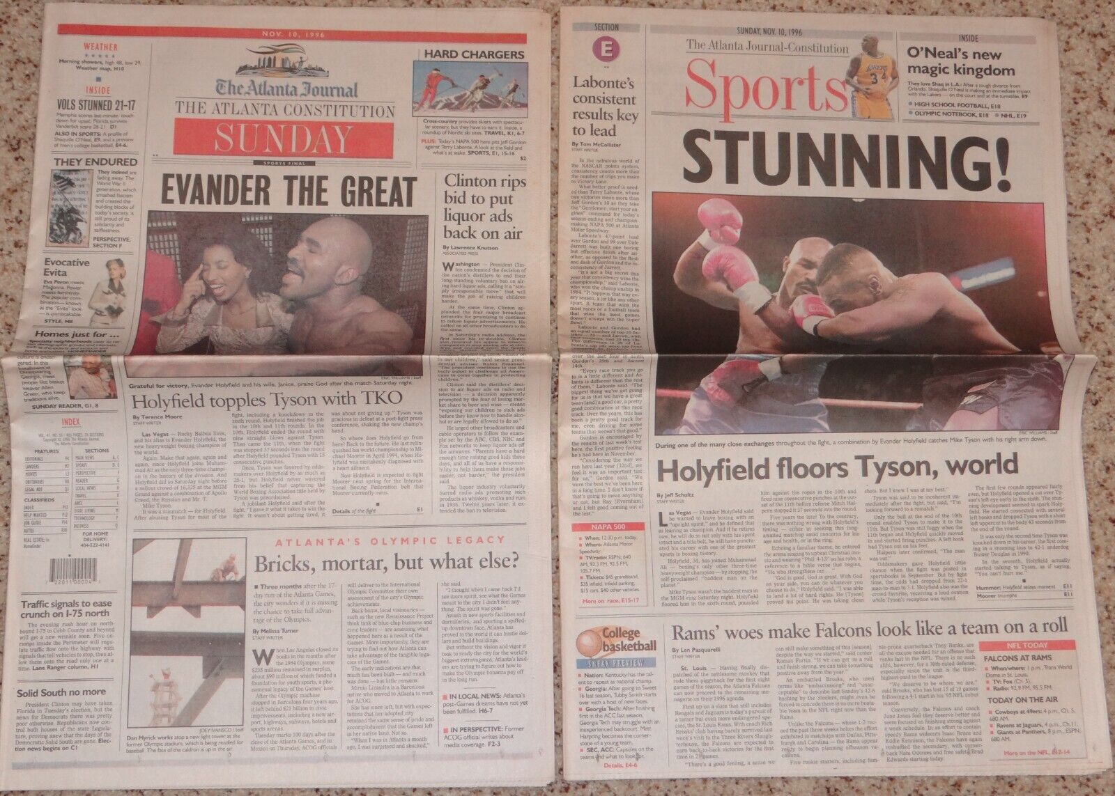 Boxers Evander Holyfield-Mike Tyson Championship Fight 1996 Atlanta Newspaper