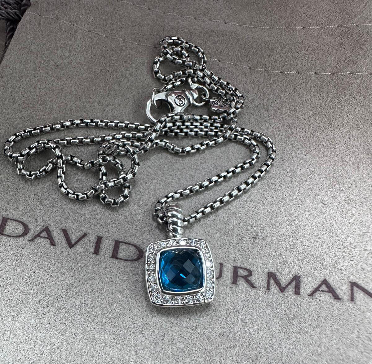 David Yurman Sterling Silver 7mm Albion Blue Topaz Pendant Diamonds Necklace
