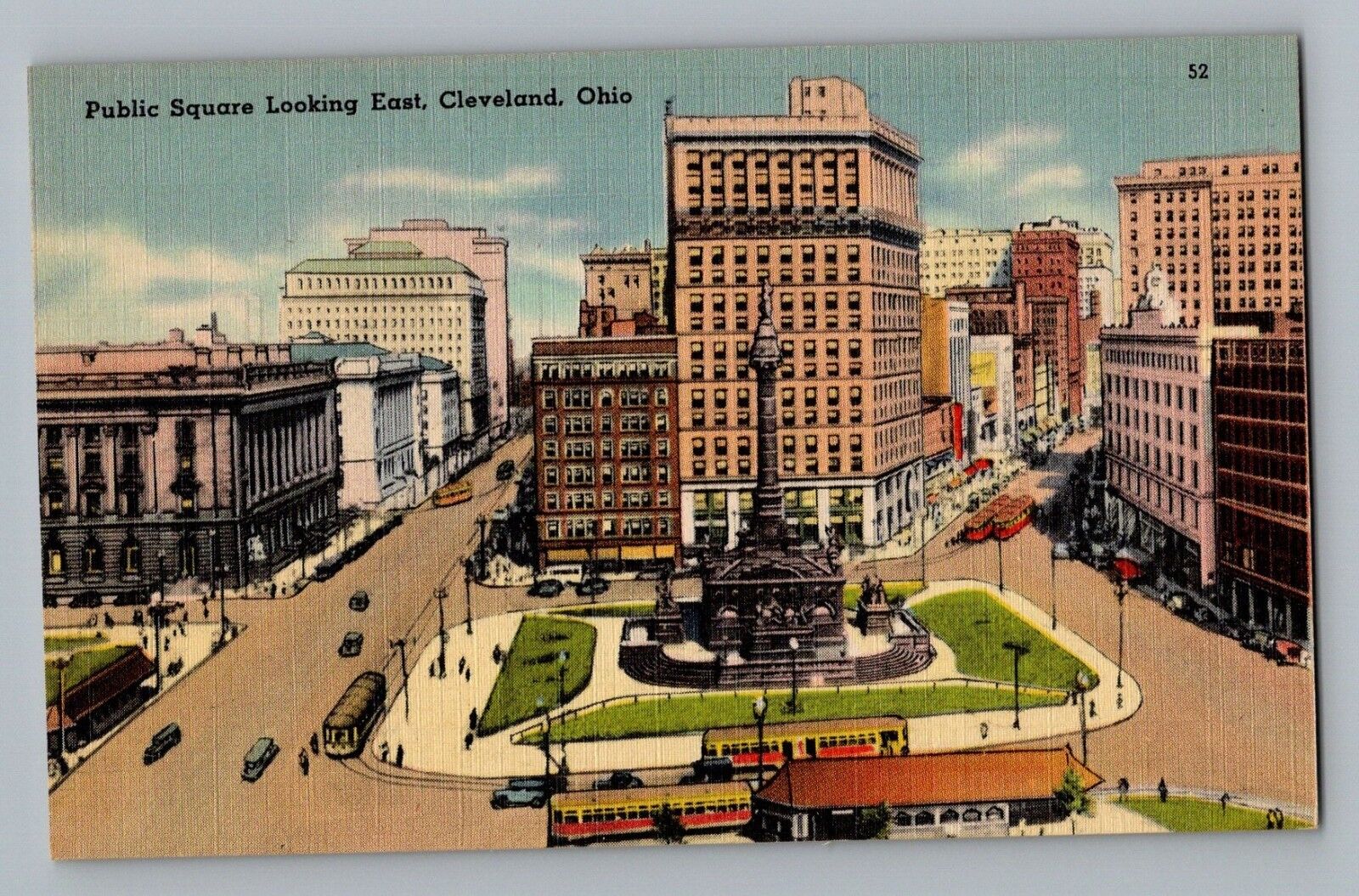 Cleveland Ohio Public Square Looking East Trolley Linen Postcard 1930-45