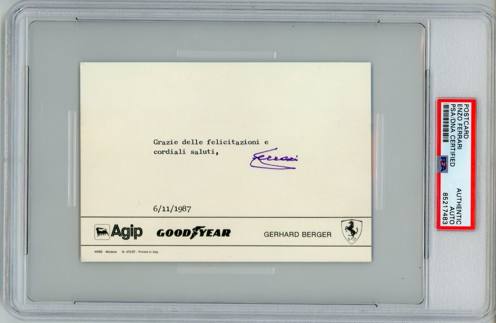 Enzo Ferrari ~ Signed Autographed Typed Note Postcard ~ PSA DNA Encased