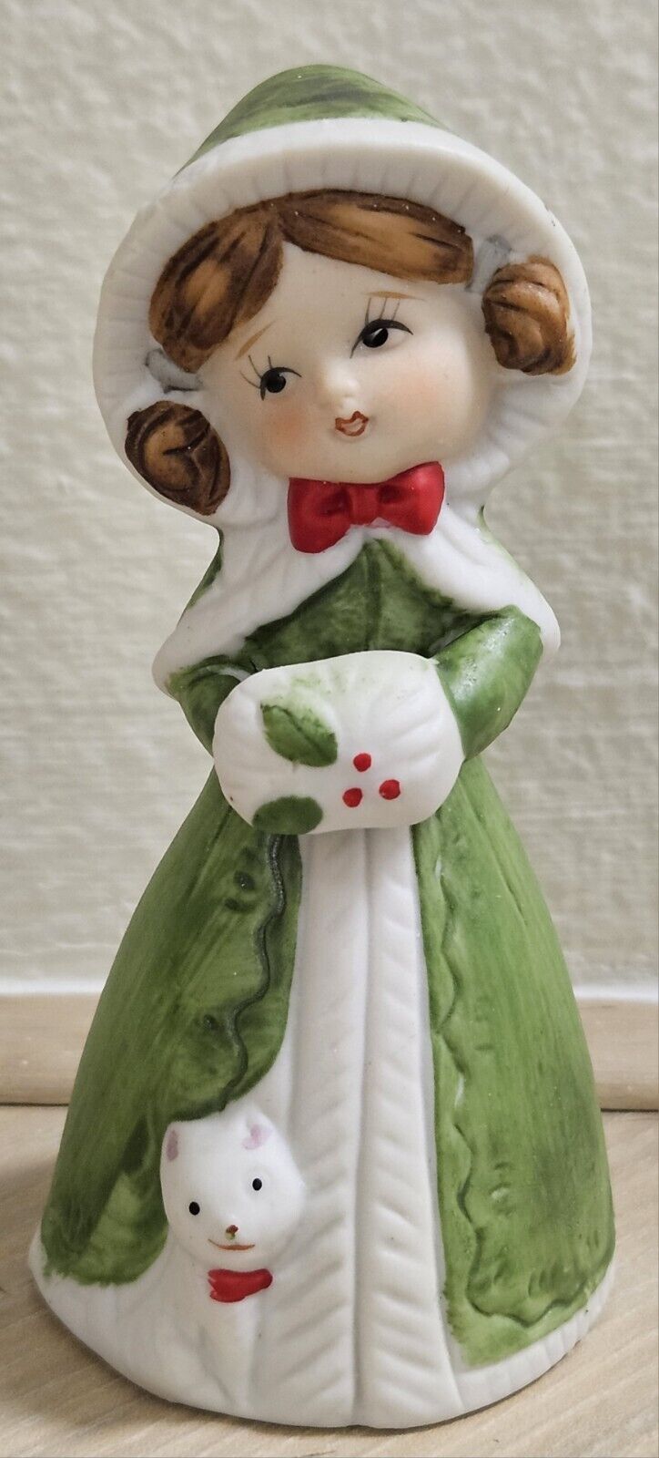Vintage Merri Bell Girl & Cat Green Dress W/ Hood Jasco Figurine Ceramic Paint