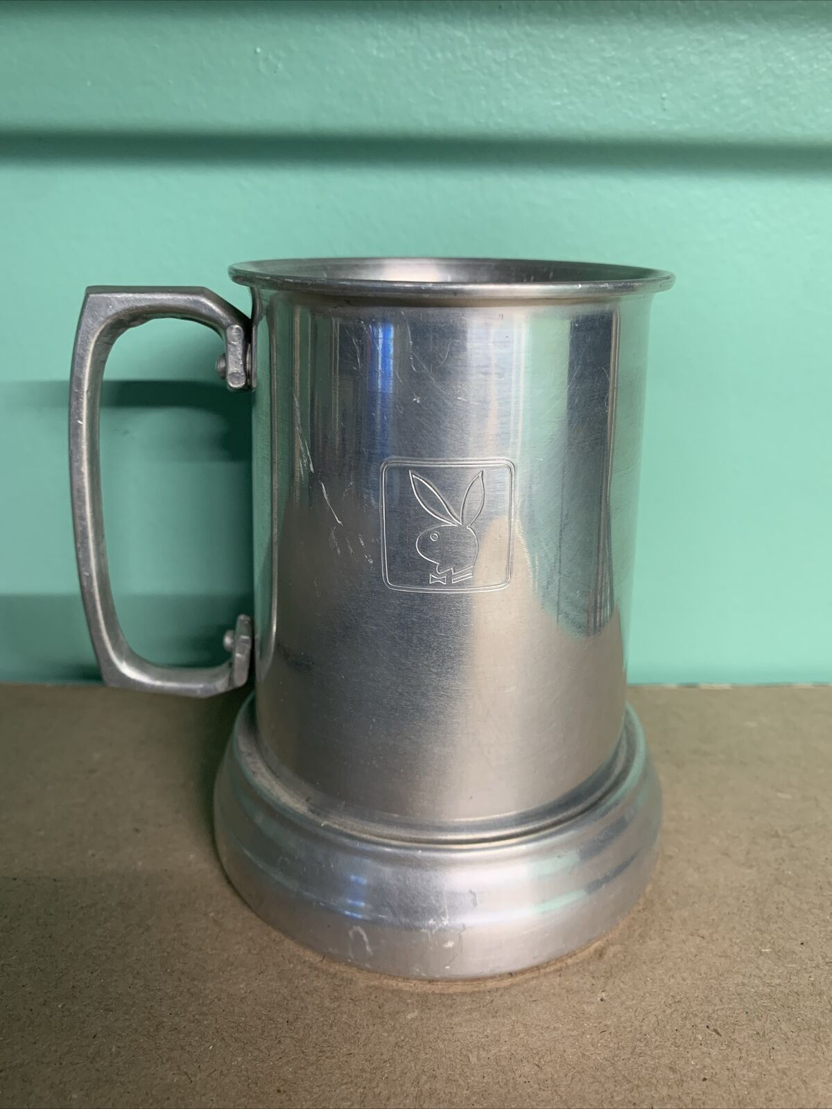 Vintage Playboy Bunny Tankard Aluminum Metal Stein Mug Glass Bottom Cup