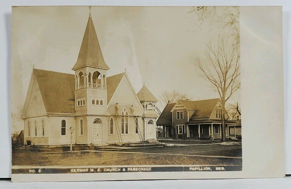 RPPC Papillion Nebraska German M.E. Church & Parsonage Real Photo Postcard L19