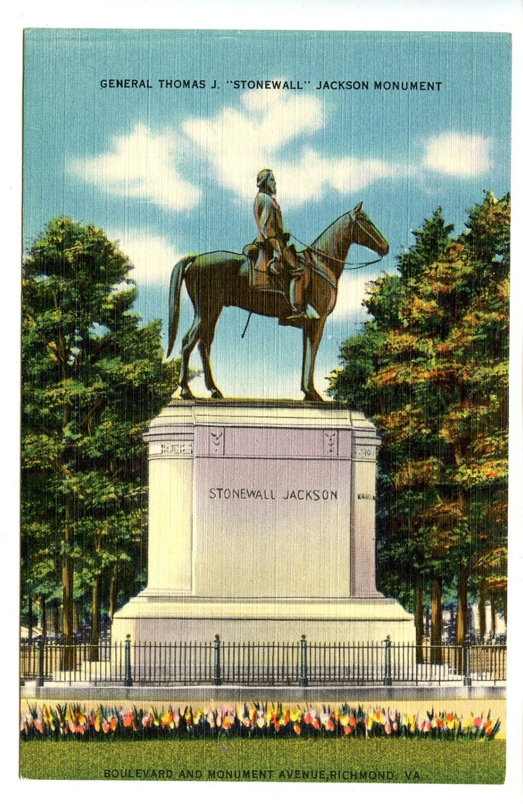 General Thomas J. Stonewall Jackson Monument Richmond VA Vintage Linen Postcard