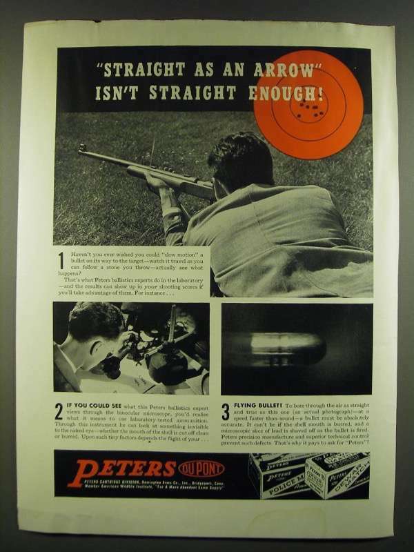 1940 Peters Police Match and Dewar Match Ammunition Ad - Straight as an arrow