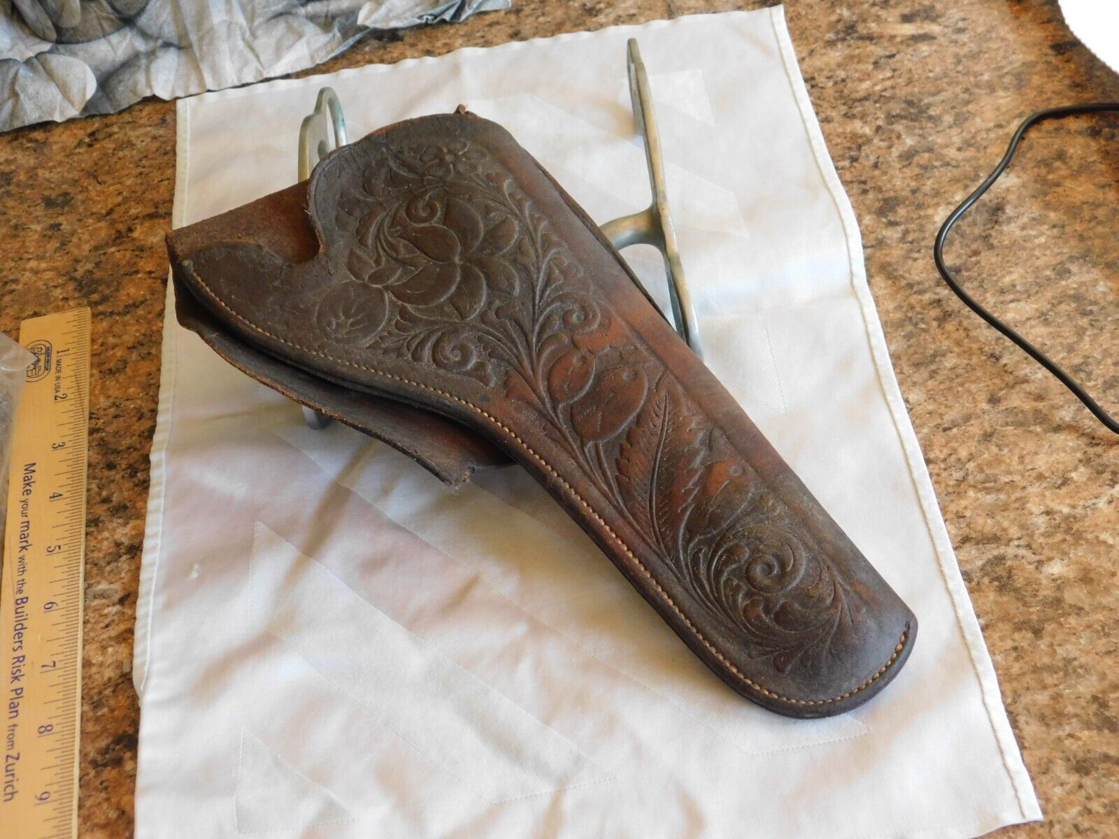 Antique Dark Brown Tooled Leather Holster Western Cowboy