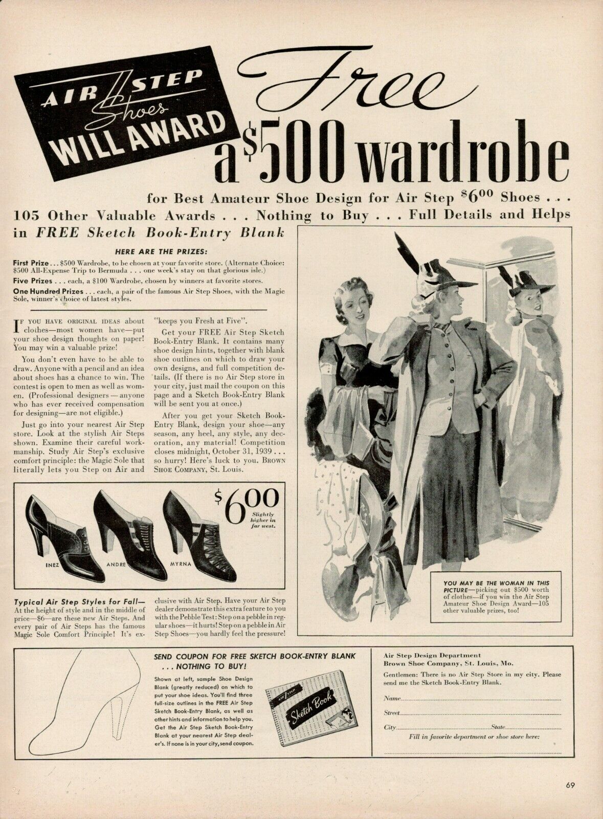 1939 AIR STEP SHOES Will Award Wardrobe Women\'s Shoes Valuable Vintage Print Ad