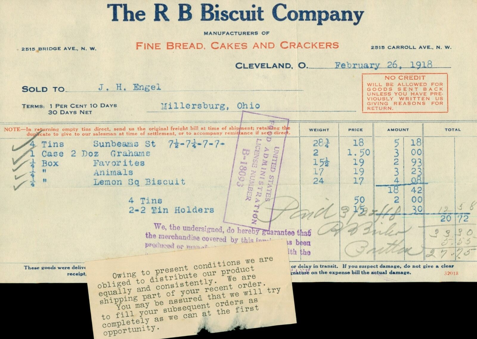 1918 R B Biscuit Co Cleveland OH WWI ERA Billhead War Message Fine Bread Cakes 