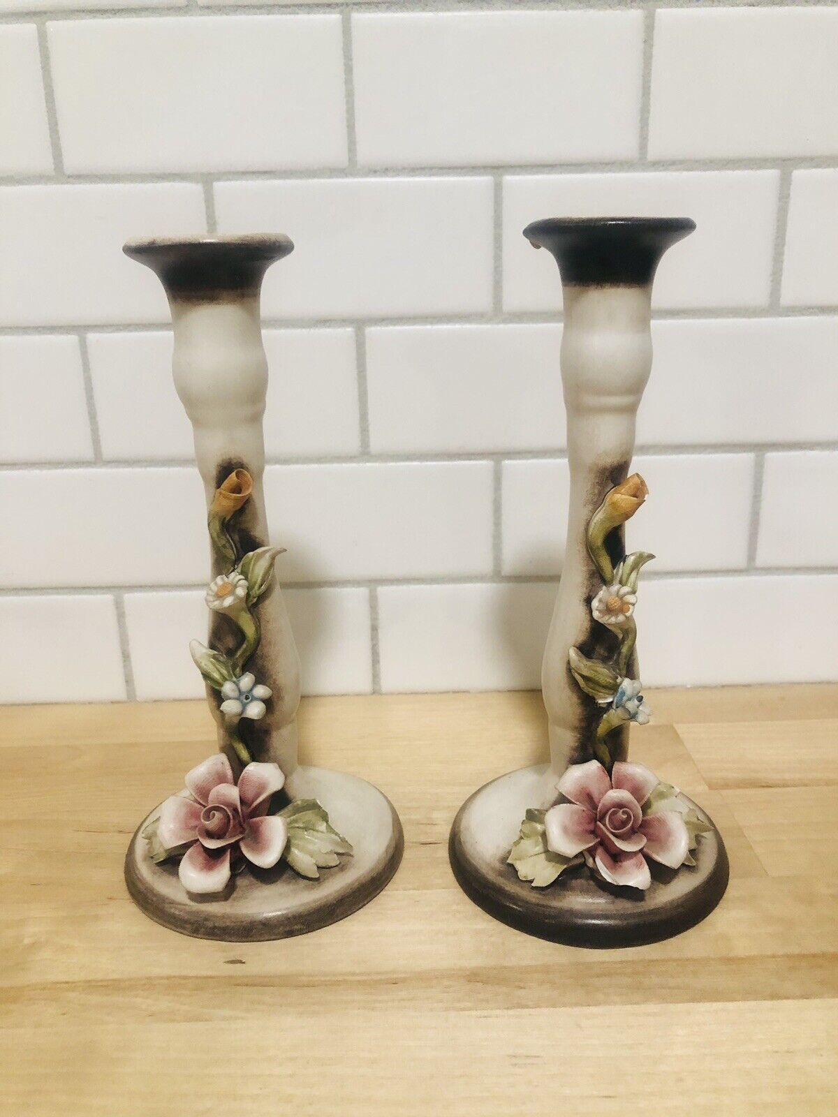 Beautiful Vintage Capodimonte Style Floral Candlestick Holders Made in Italy