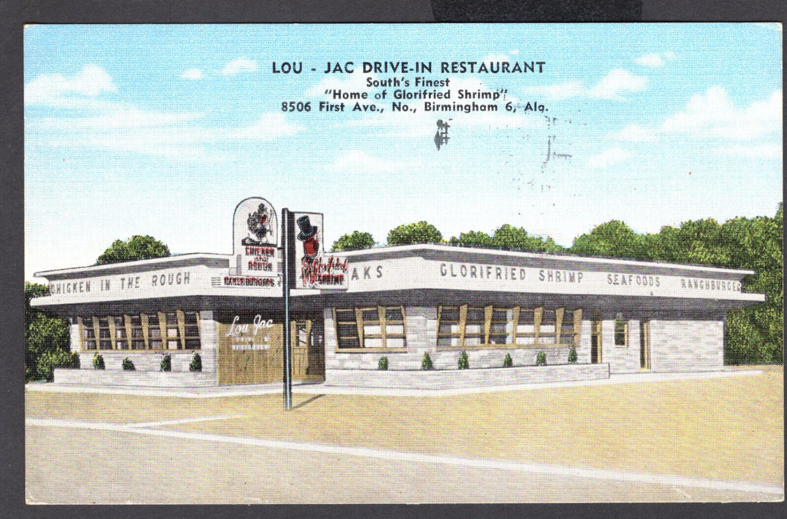 Lou-Jac Drive-In Restaurant North Birmingham AL Linen Postcard, Vintage 1955