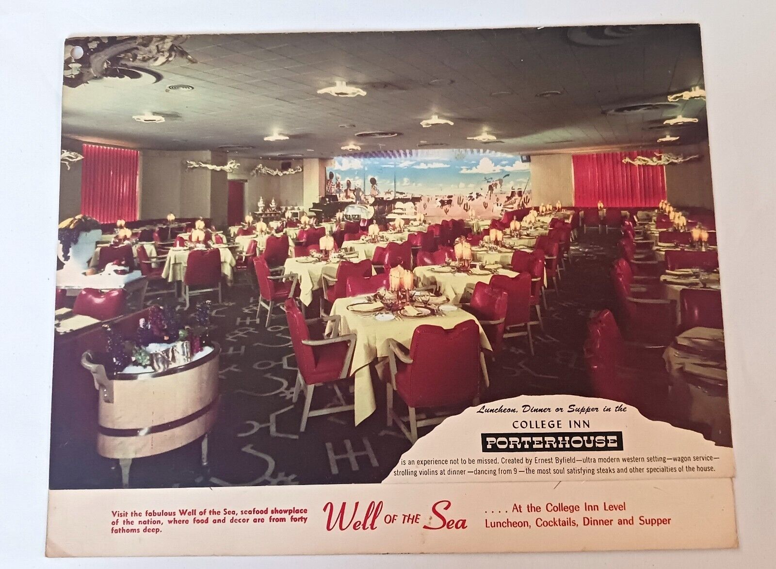 College Inn Porterhouse Vintage 1956 Menu Sherman Hotel Chicago & Large Postcard
