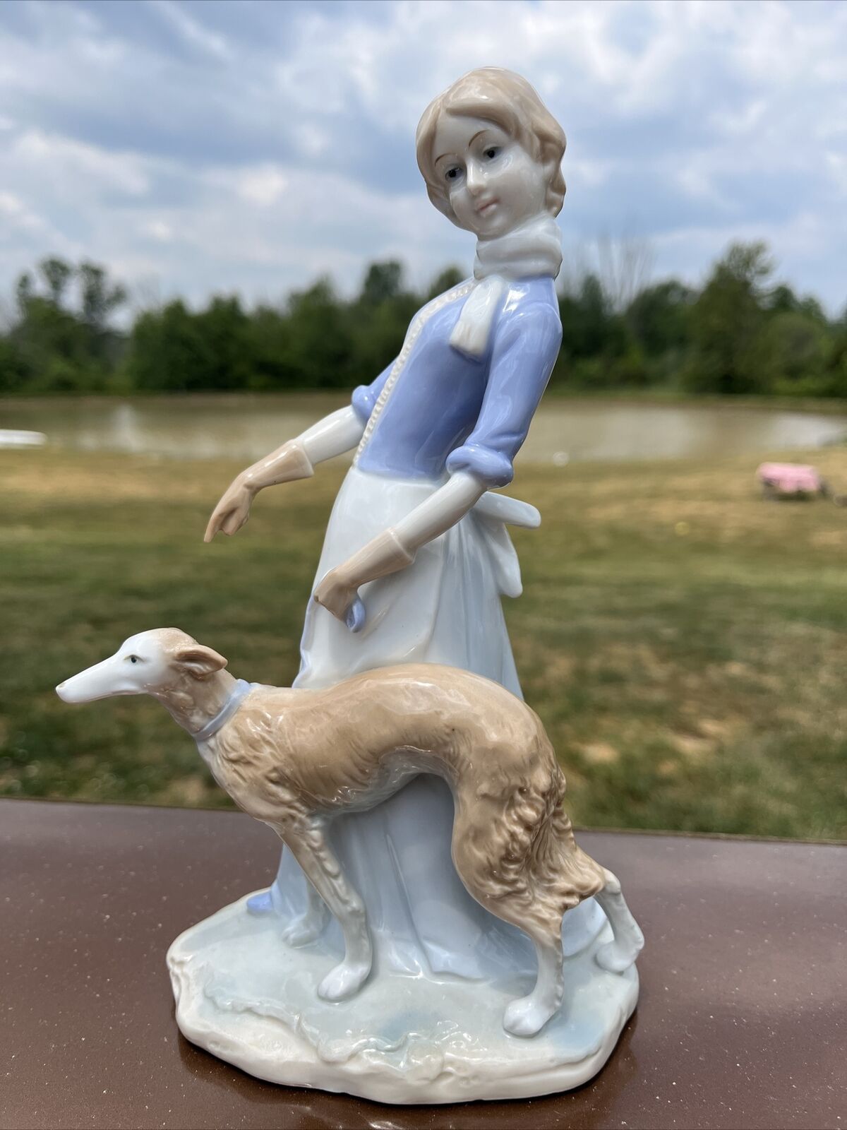 RARE Vintage Old KPM Porcelain Figurine Young Woman Walking Greyhound Dog 60’S