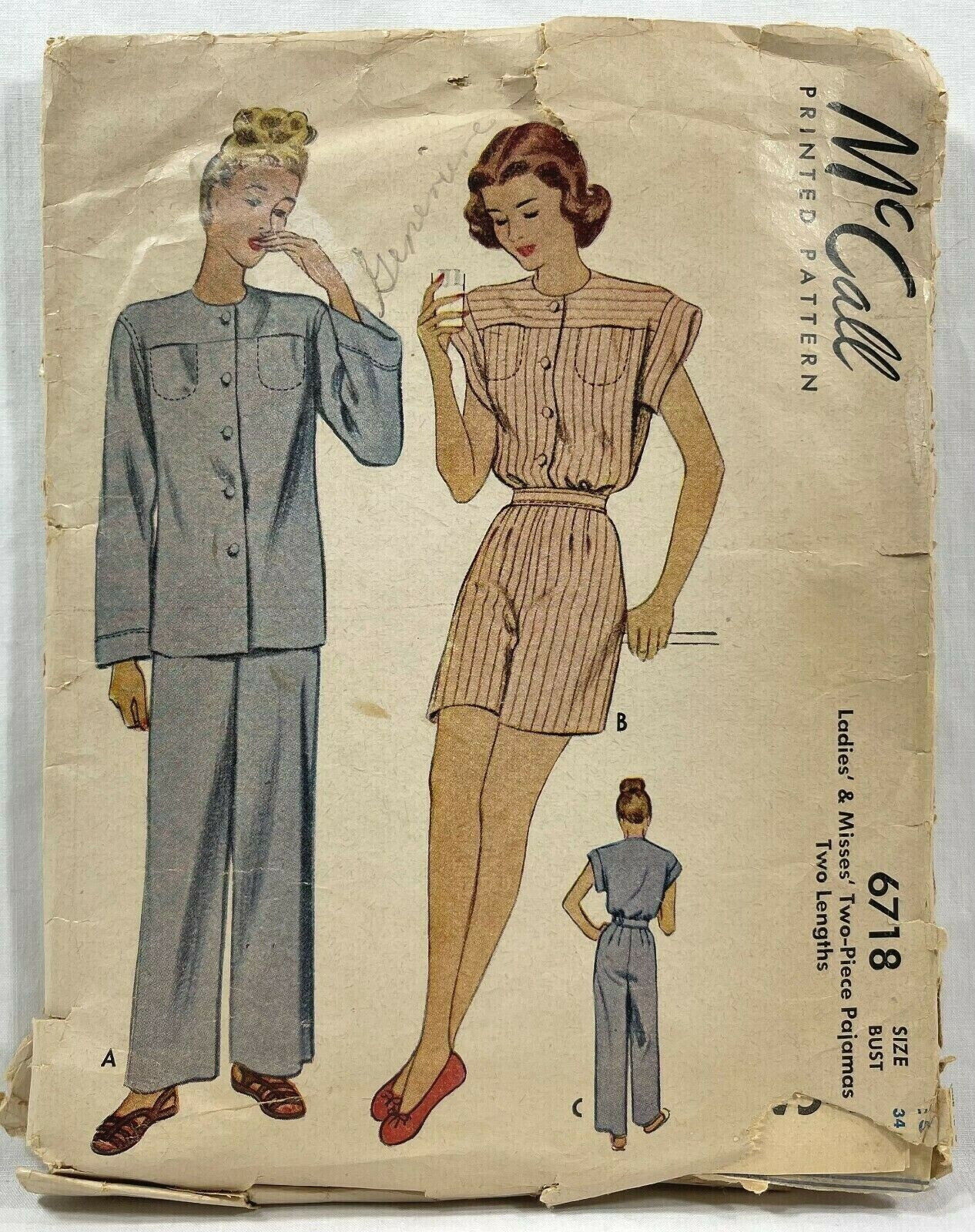 1946 McCall Sewing Pattern 6718 Womens 2-Pc Pajamas 2 Lengths Size 16 Vtg 10094