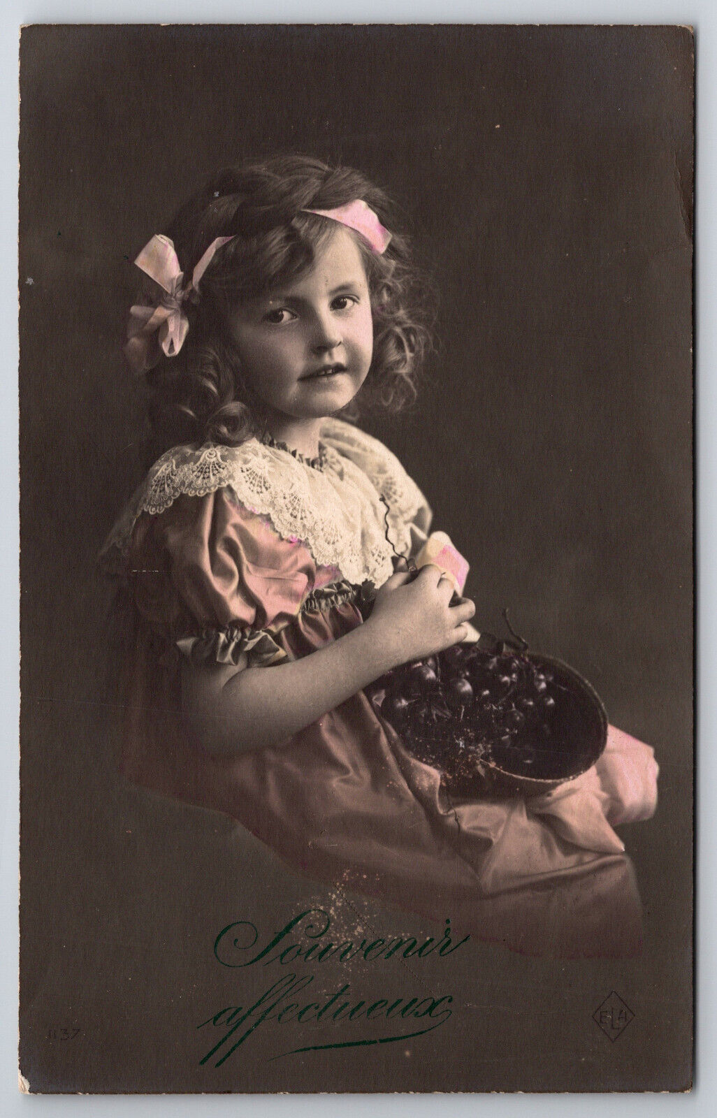 Vintage Tinted C1920 Postcard Adorable French Girl in Pink Dress and Bows