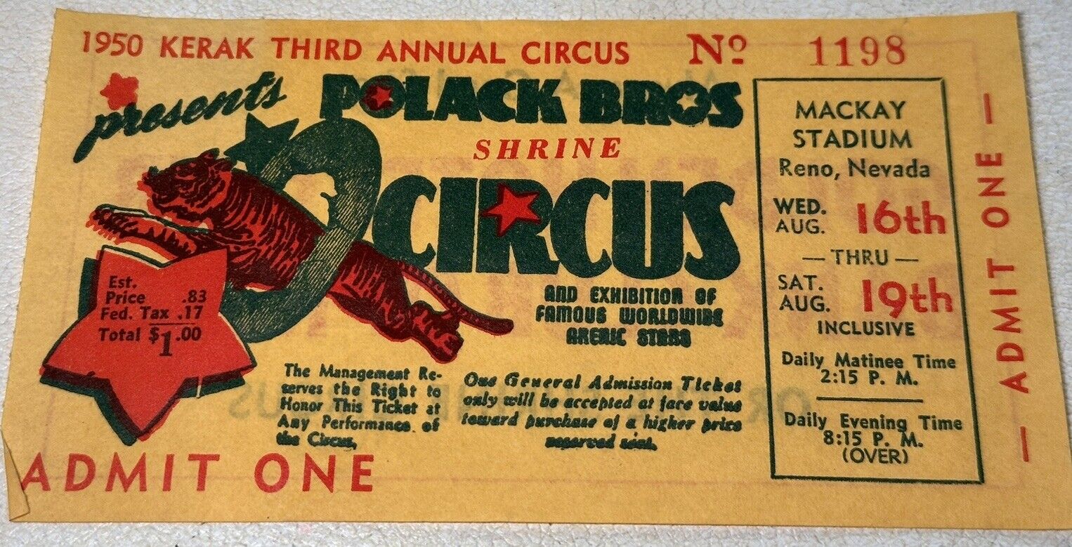 Vintage 1950 Original Polack Bros Shrine Circus Ticket Golden Hotel Club Reno