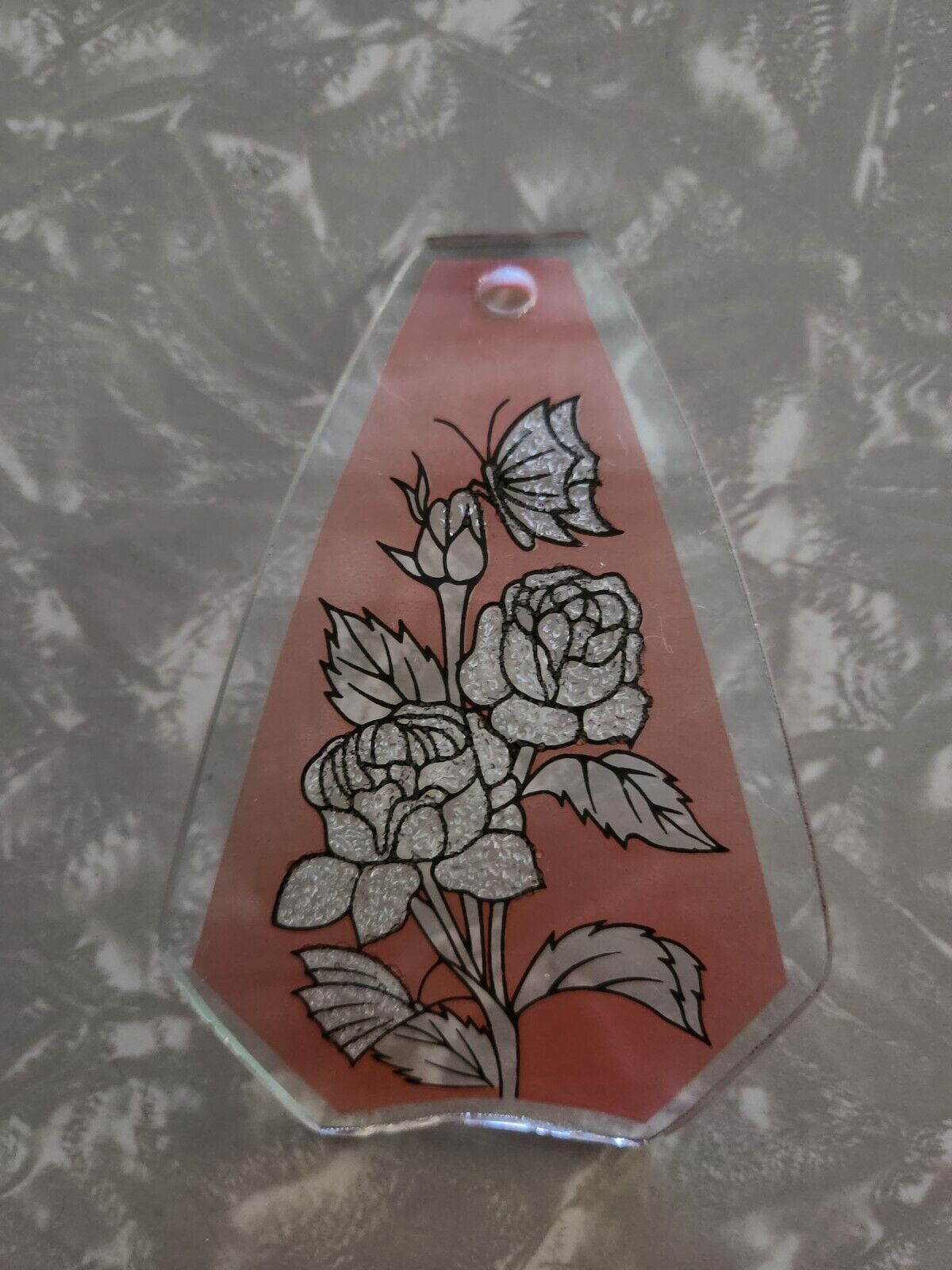 Vtg PINK Ok Lighting Touch Lamp Replacement Glass Panel Flower Butterfly GLITTER