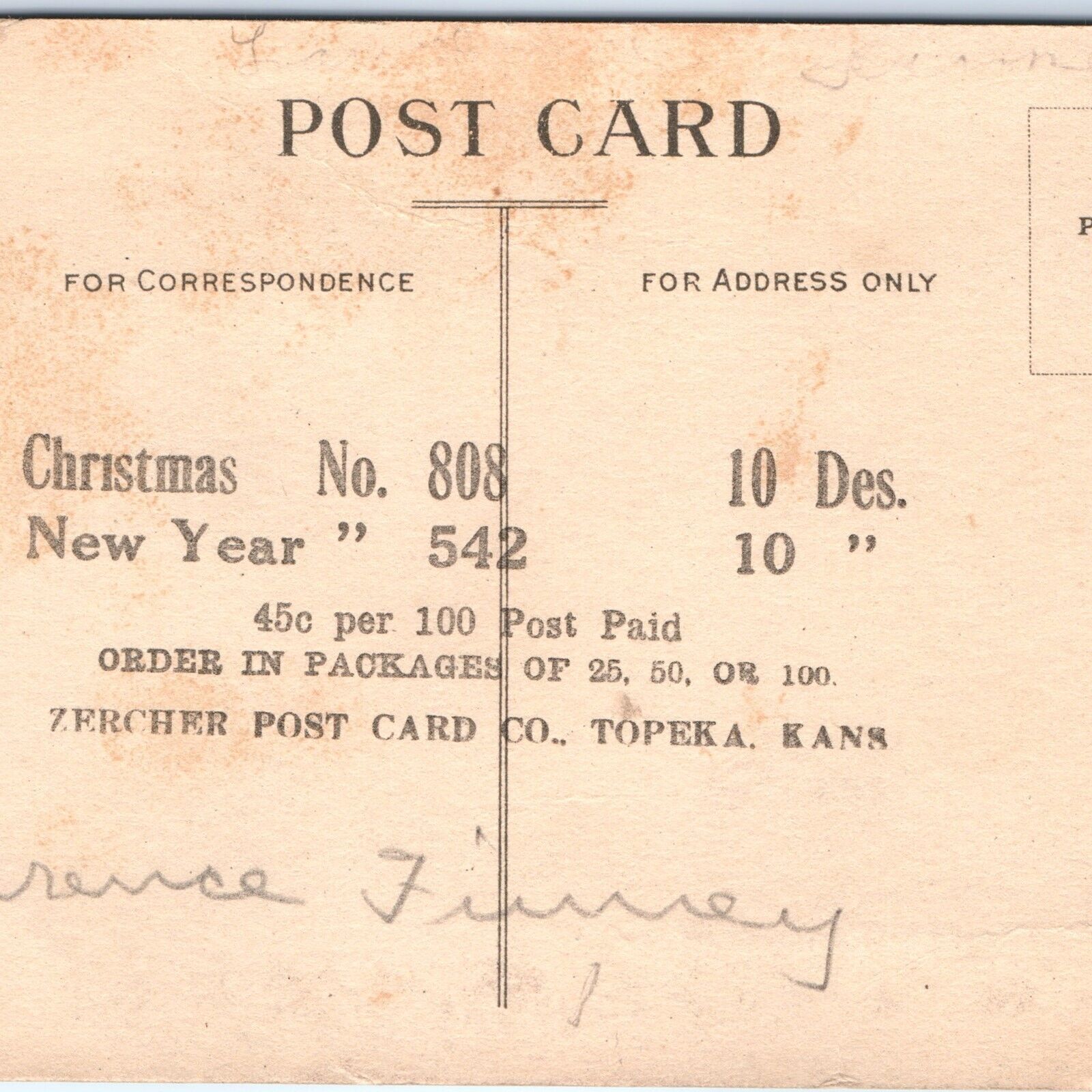 c1910s Topeka, KS Christmas Greetings Sample Postcard Zercher New Year Kans. A71