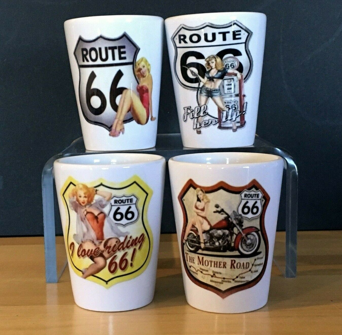 Shot Glasses 1.5 oz, Set of 4, Historic Route 66 with Pin up Girls, Gloss White