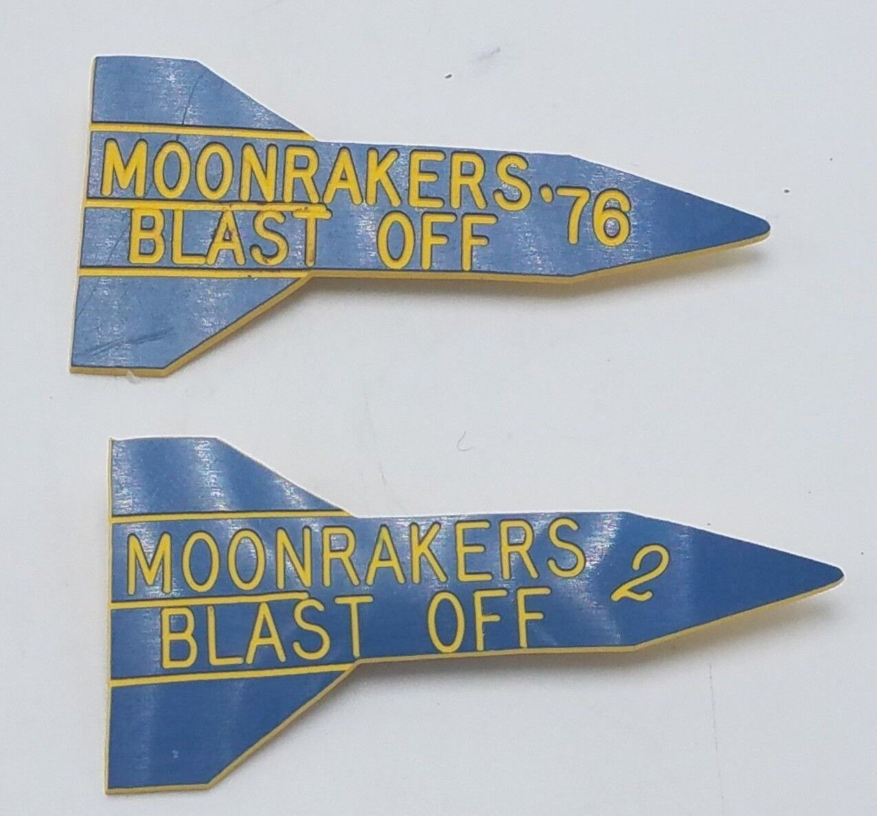 Vintage 1976 Moonrakers Blast Off Pinback Plastic Buttons Rocket Moon NASA Space