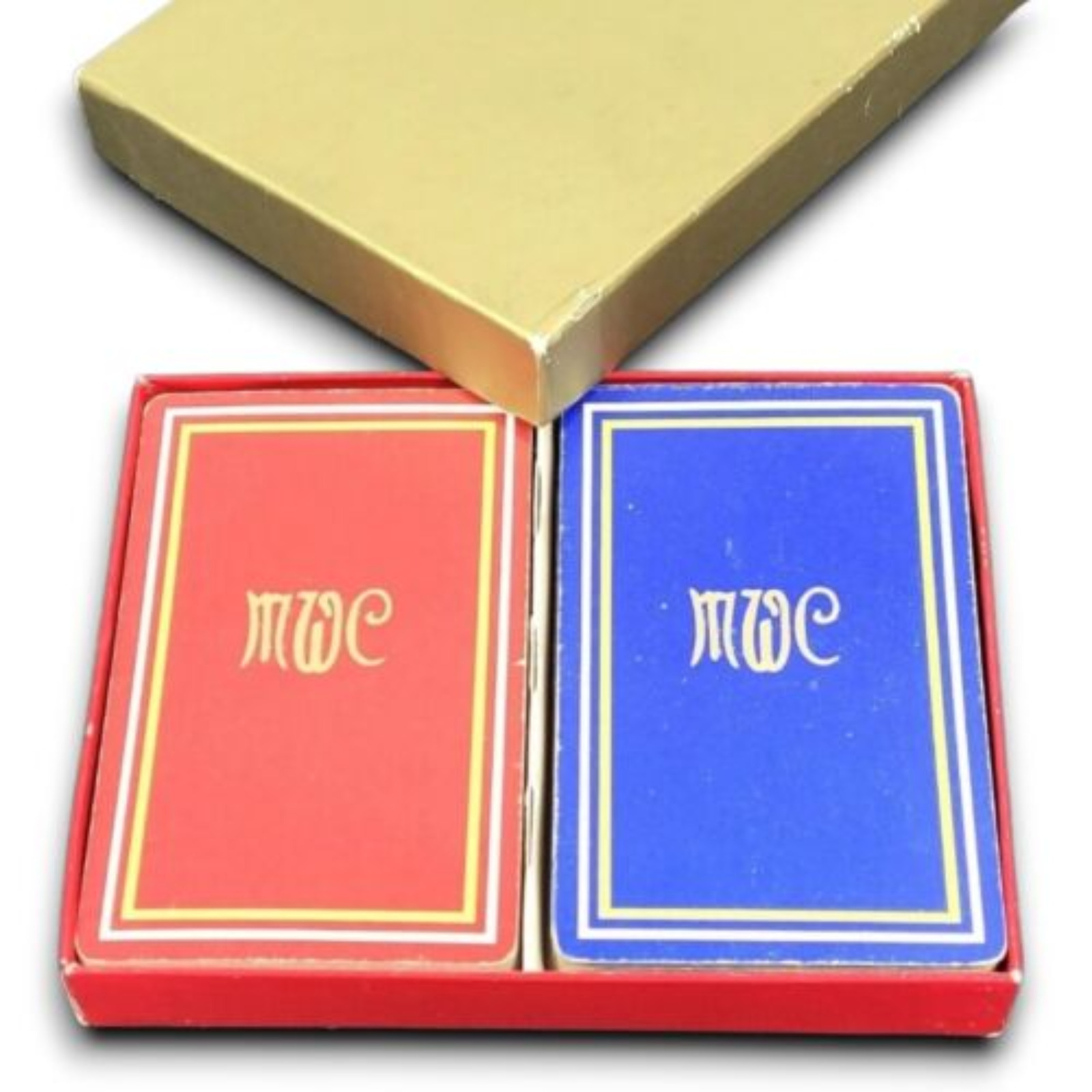 Vintage Gemaco Monogram Double Deck Playing Cards Initials MWC Gold Trim Box Set