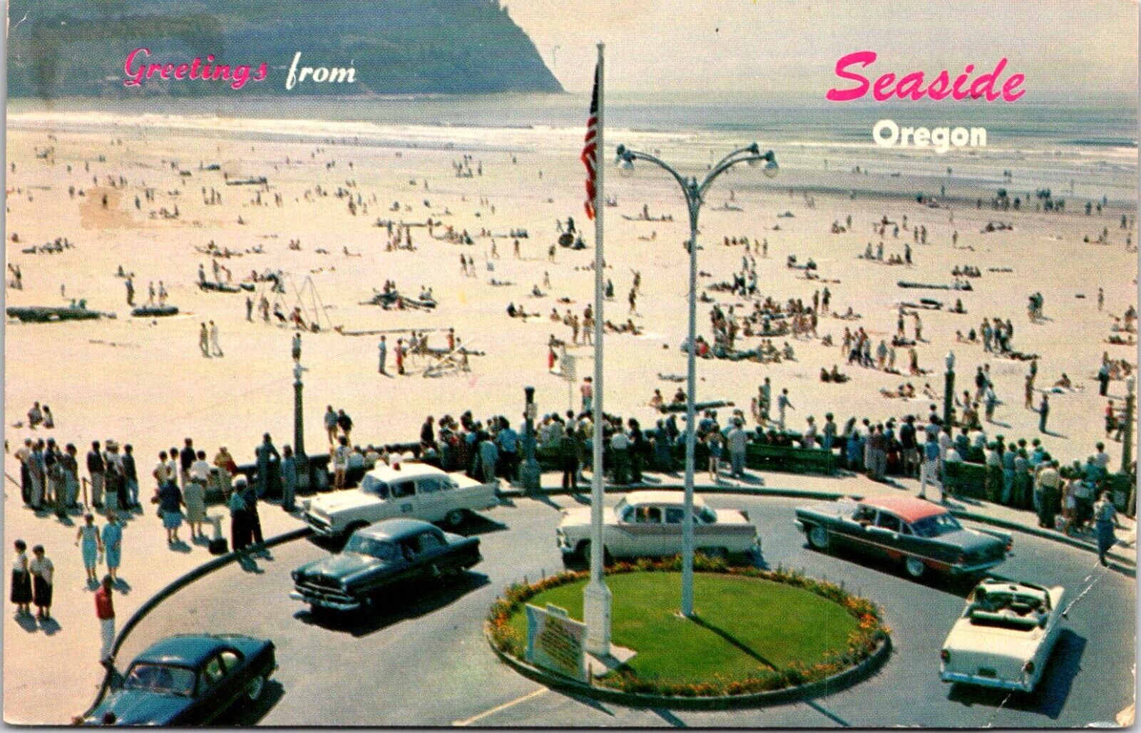 Postcard 1931 Seaside Beach Roundabout Vintage Cars Greetings Oregon B207