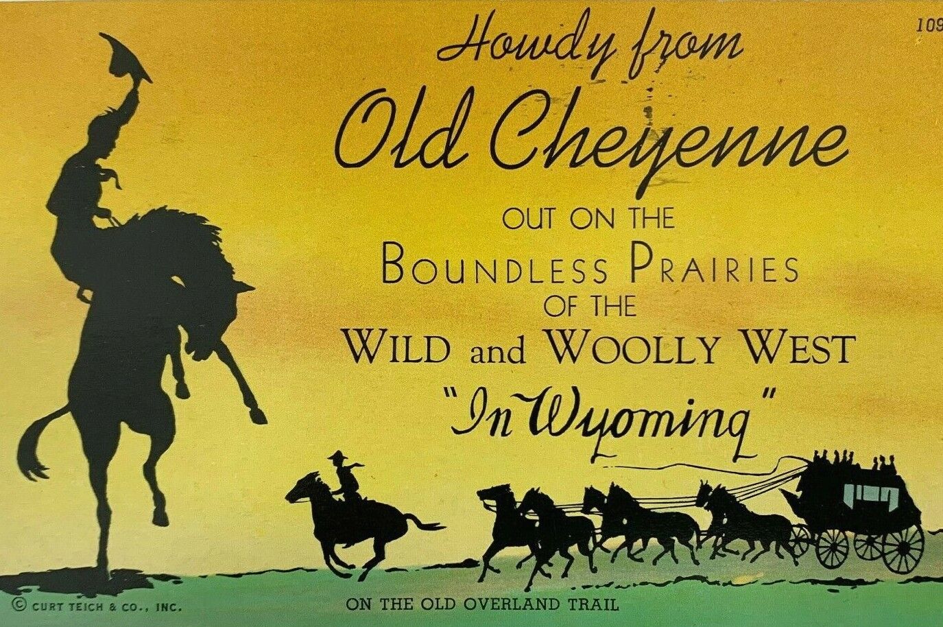 Postcard Howdy from Old Cheyenne WY Wild & Woolly West Overland Trail Curt Teich
