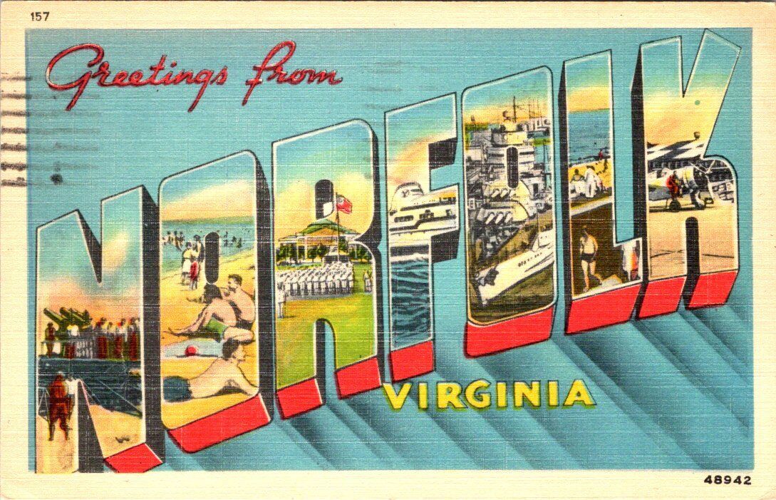 1948, Greetings from NORFOLK, Virginia Large Letter Linen Postcard