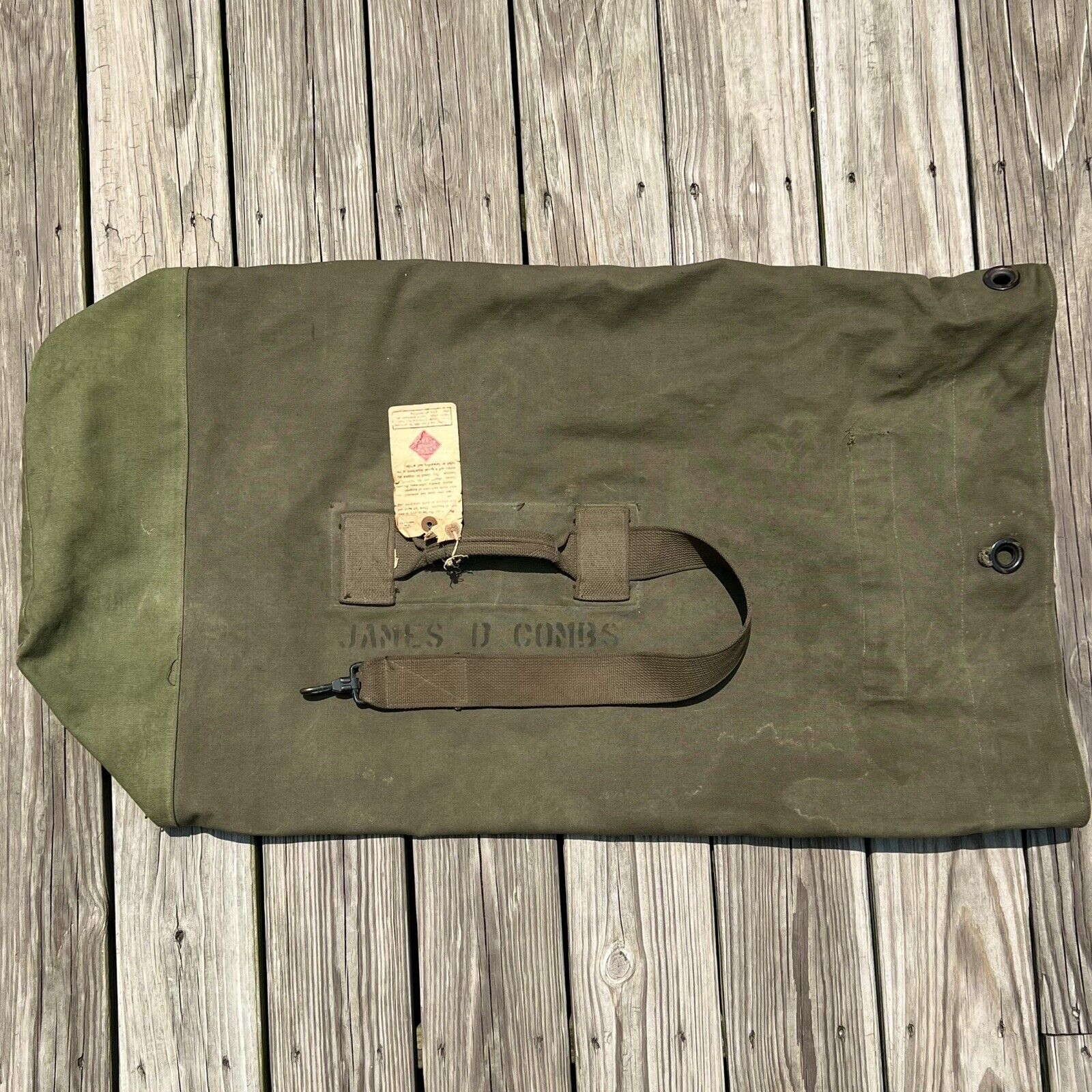 Vtg 1952 Korean War US Army Duffle Bag Type 1 Named Soldier Combs Railway Tag