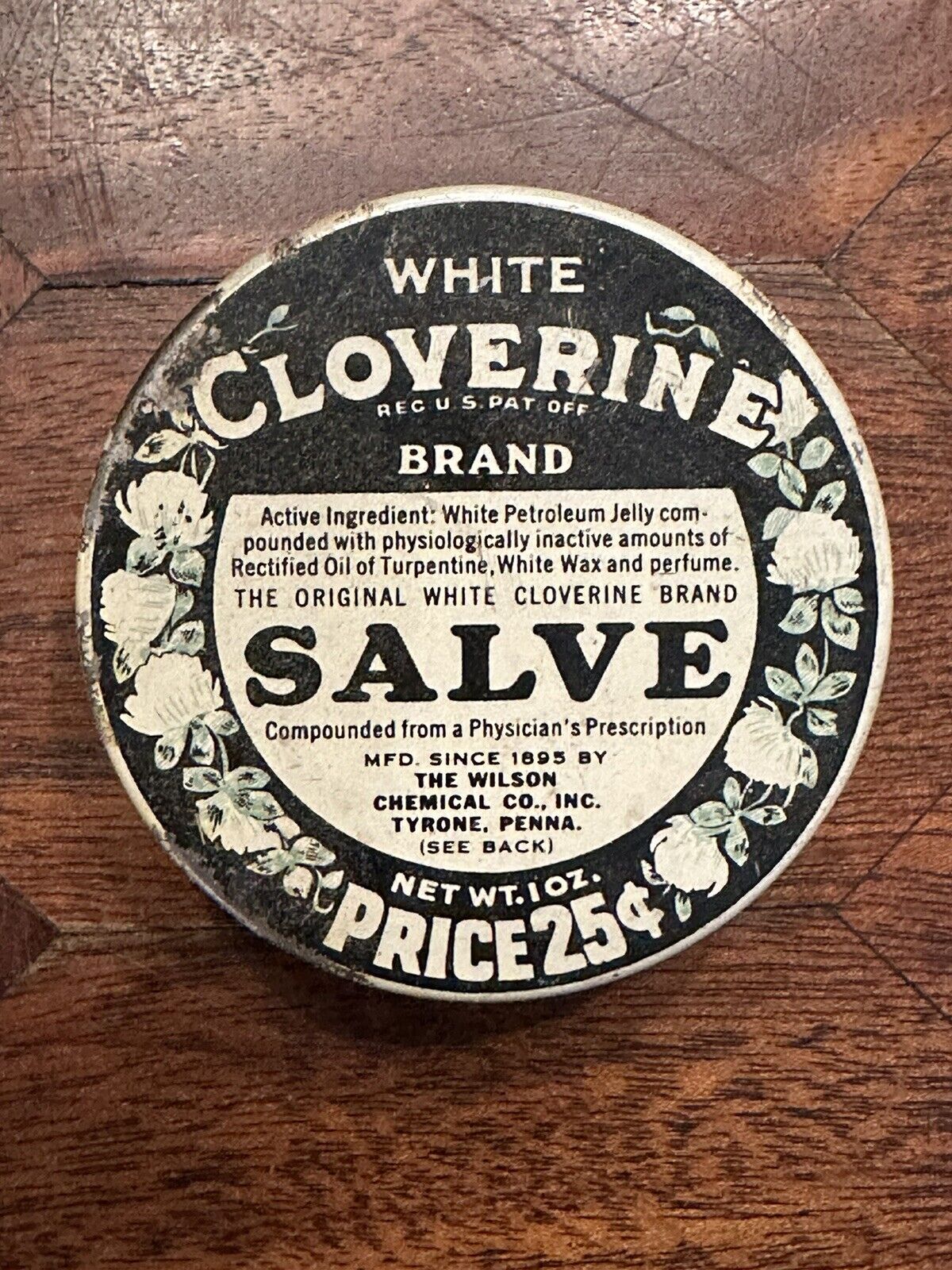 Vintage White Cloverine Salve Tin Container