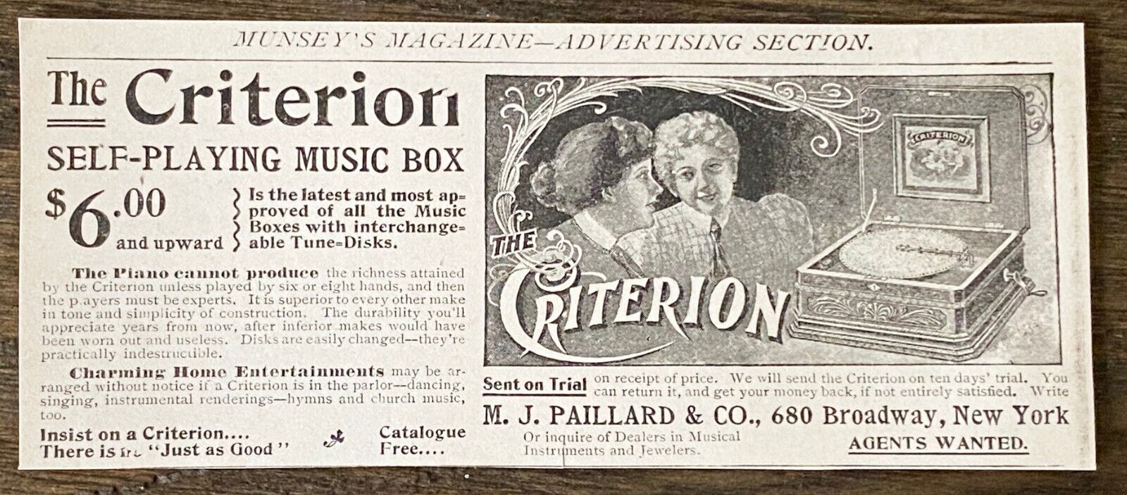 Dec.1899 CRITERION Self-Playing MUSIC BOX Vtg Victorian Print Ad~M.J.Paillard&Co