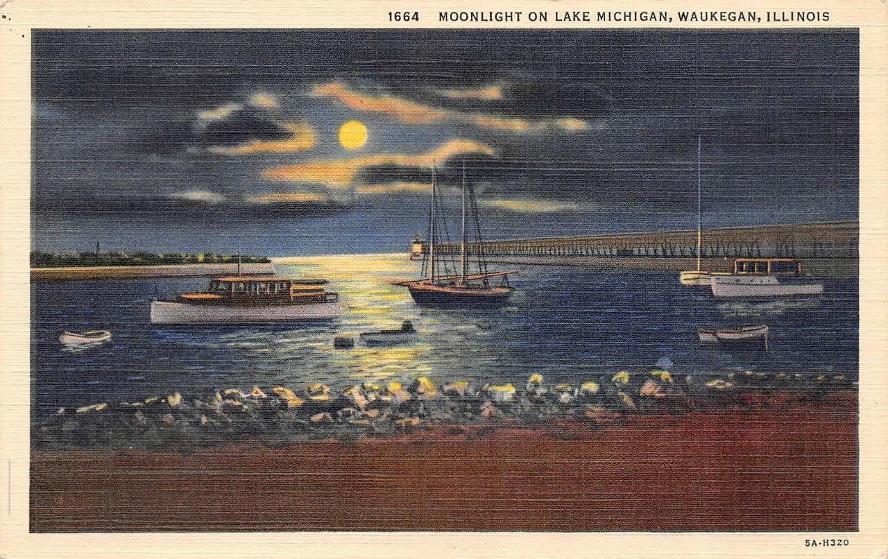 WAUKEGAN, IL Illinois MOONLIGHT ON LAKE MICHIGAN Boats~Full Moon c1940s Postcard