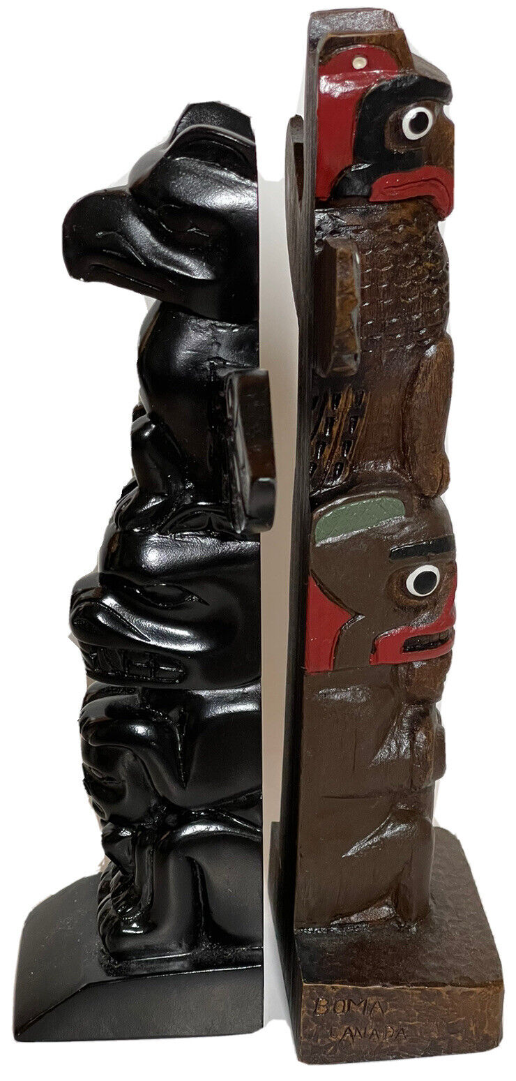 Pair Tabletop Totem Poles Eagle Owl Eskimo Inuit Black Resin Art Boma Canada 8’’
