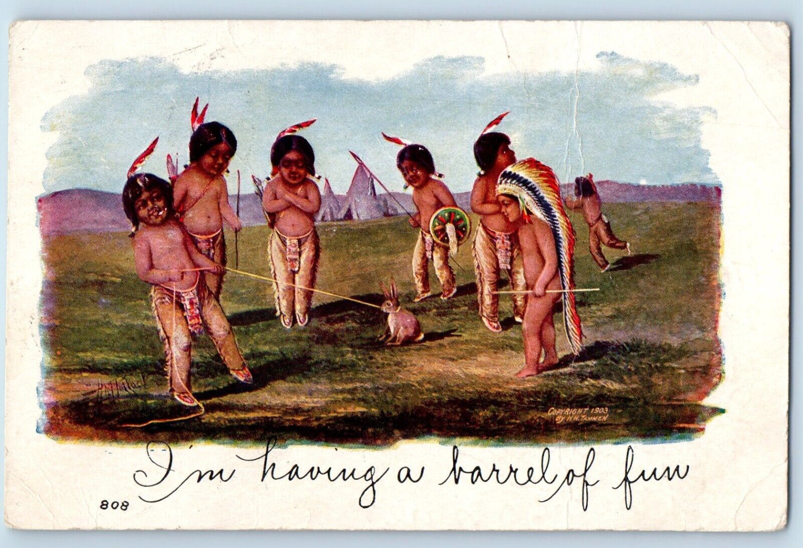 Tammen Signed Postcard Little Indian Kids Playing Rabbit Benson MN c1910\'s