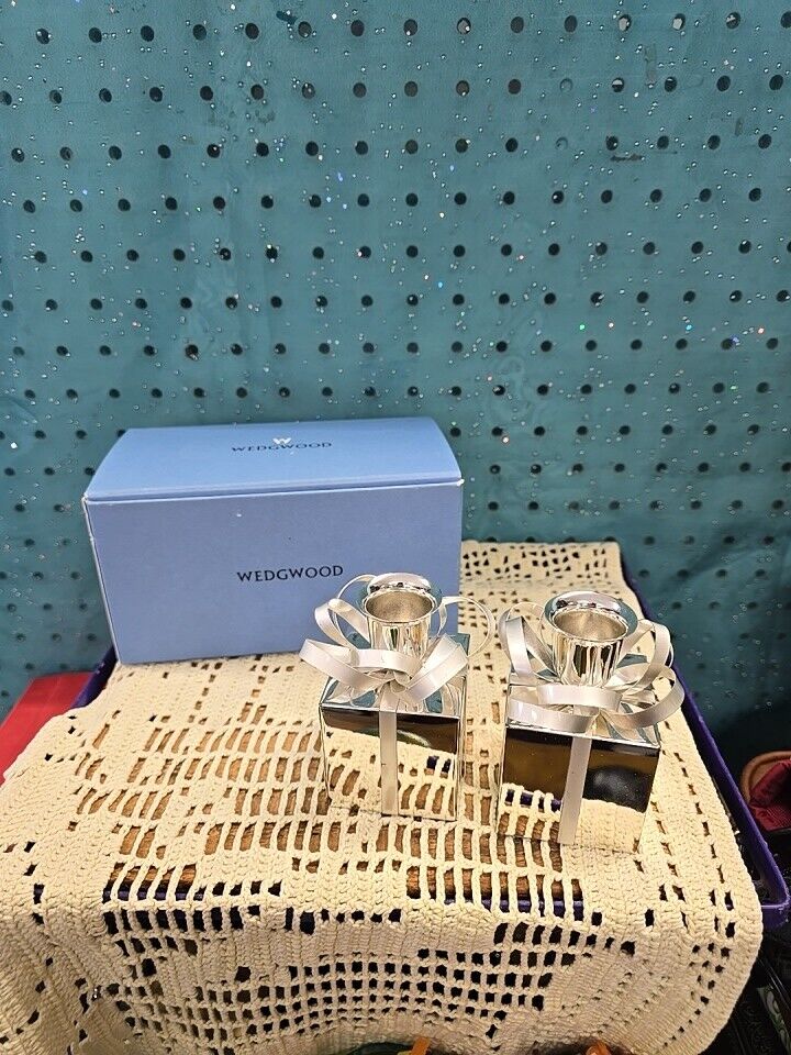 Wedgwood Silver-Plated Silver Tone Gift Box Taper Candle Holders W/ Box