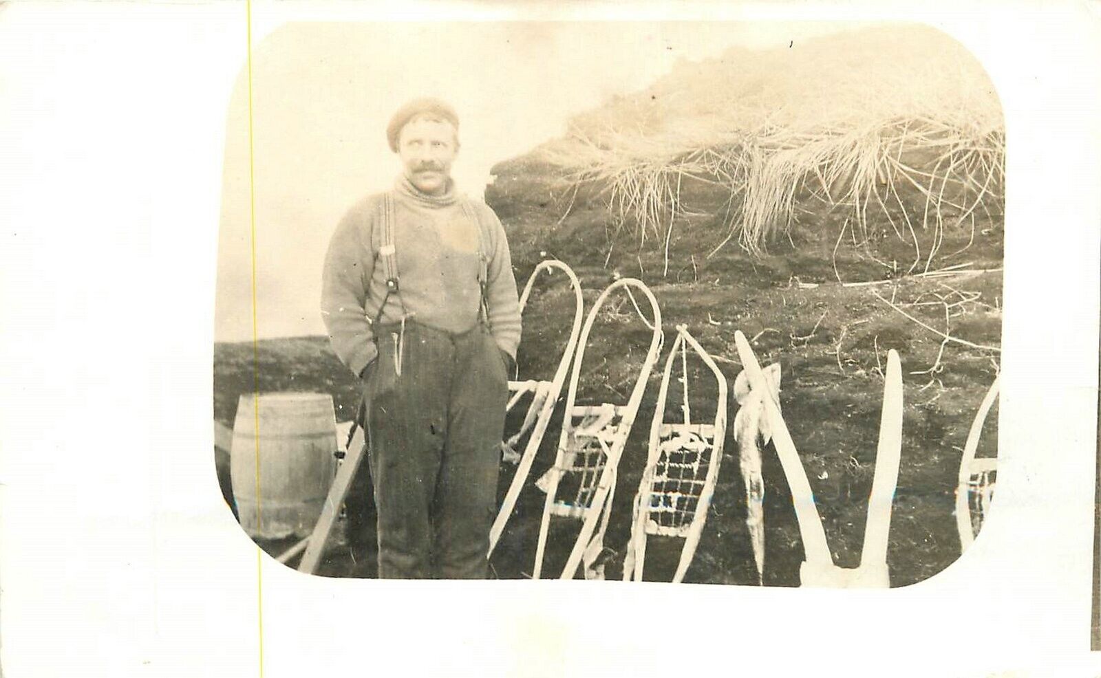 Postcard RPPC 1920s Man snow shoes sod house Pioneer life 23-5655