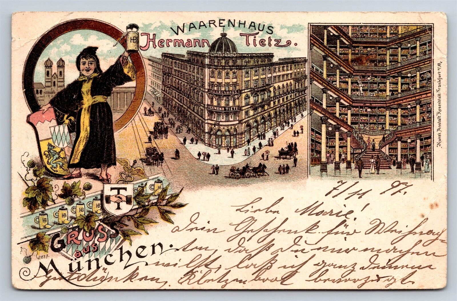 Postcard Germany Gruss aus Munchen Tietz Warenhaus Jewish Litho c1897 AD26