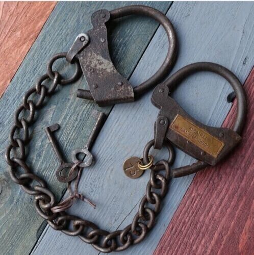 Antique Cast Iron Working Handcuff With Key U.S. Postal Western Hand cuffs