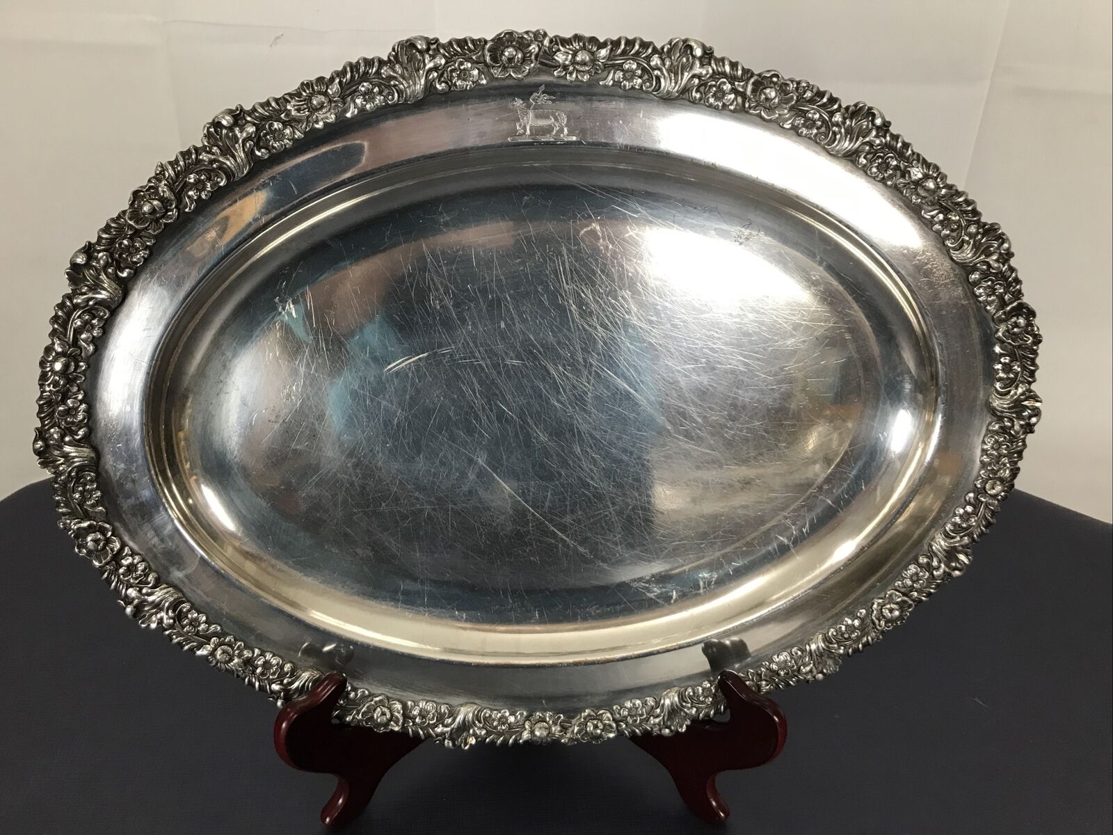 Glorious Antique Silver Plate Oblong Tray Lamb of God Catholic Communion 13 x 18