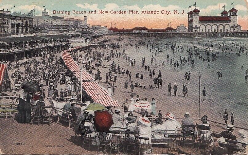 Postcard Bathing Beach + New Garden Pier Atlantic City NJ 1915