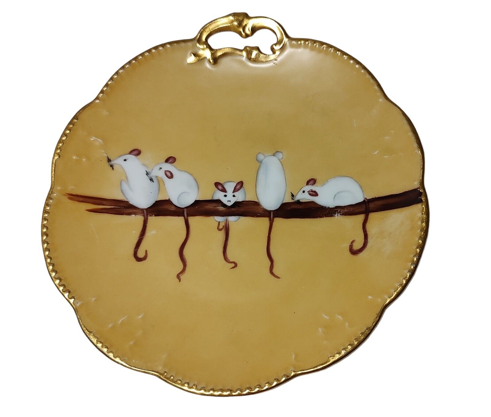 Antique France 1912 Hand Painted Gold Trim Plate Five Mice on A Branch Signed MB