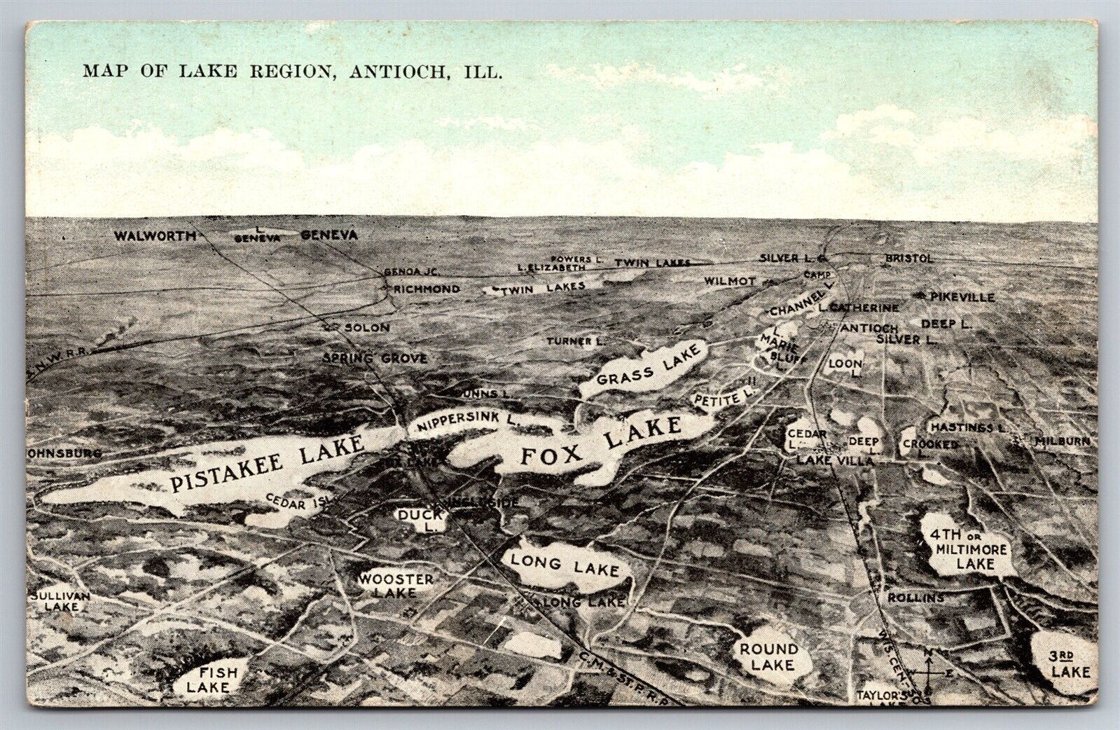 Map Of The Lake Region Pistakee Fox Long Grass Antioch Ill C1910\'s Postcard R16