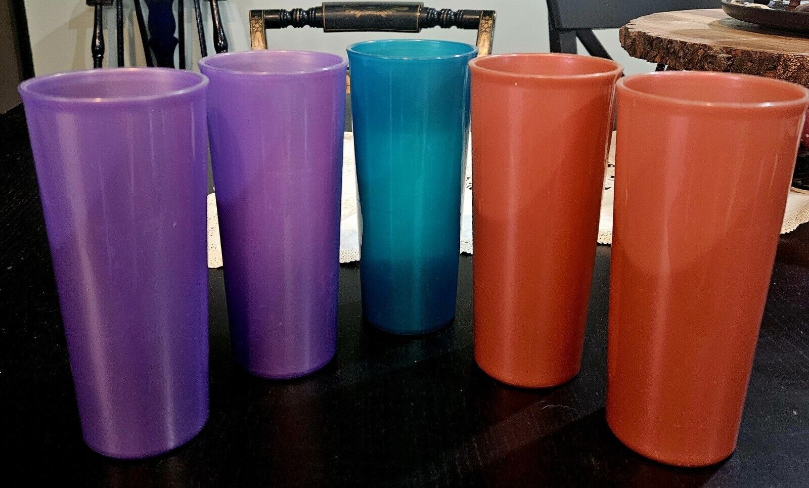 Tupperware Jewel tone Cups Tumblers Set 5 Purple Teal Orange Pearlescent Shimmer