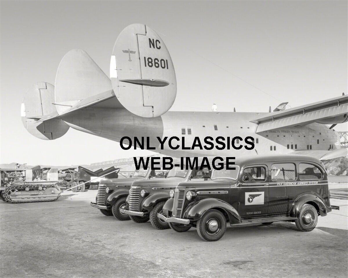 1939 Pan Am Airways Boeing Clipper Ship Airplane CA Photo GMC Trucks Bulldozer