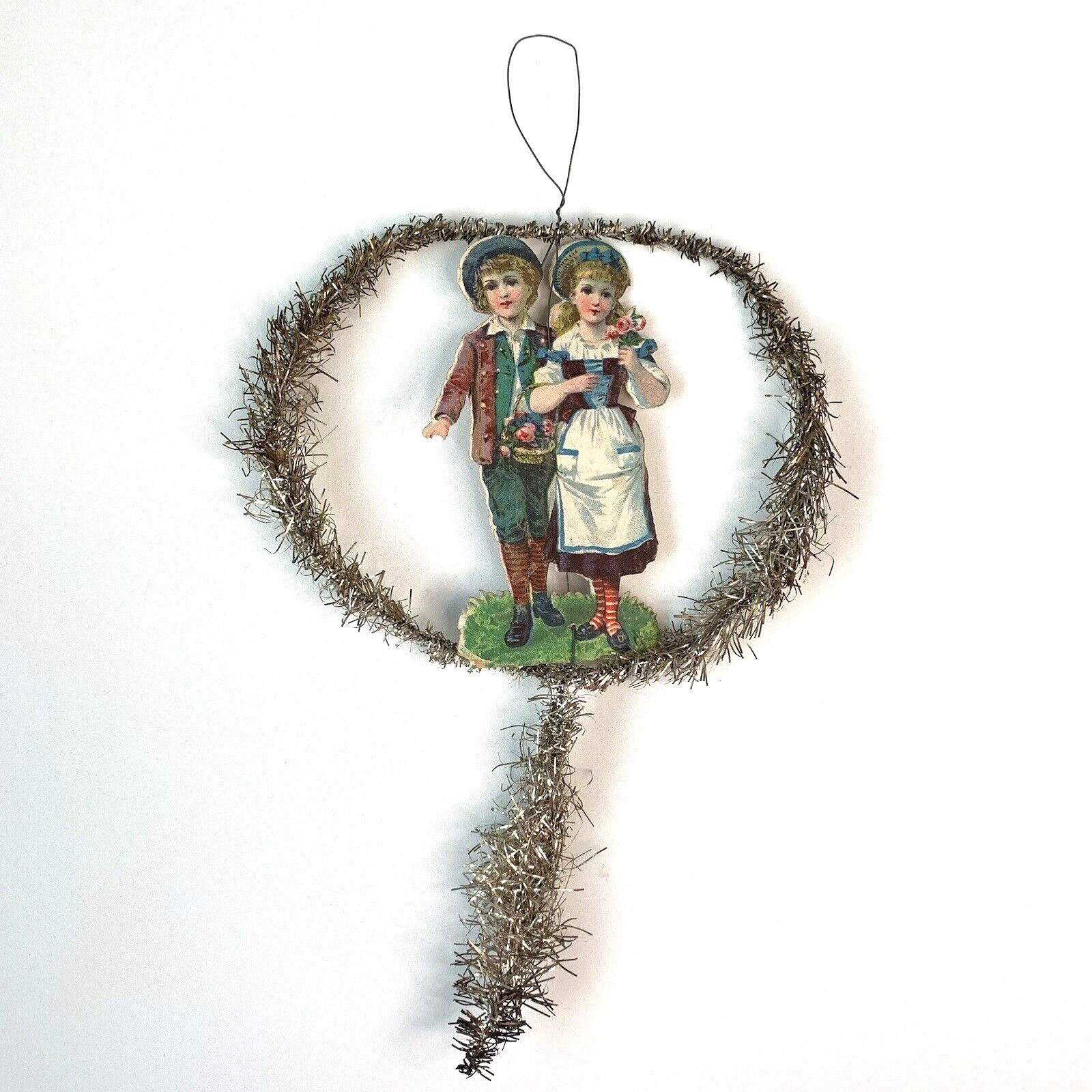 Antique Victorian Boy & Girl Die-Cut Scrap Paper & Tinsel Christmas Ornament
