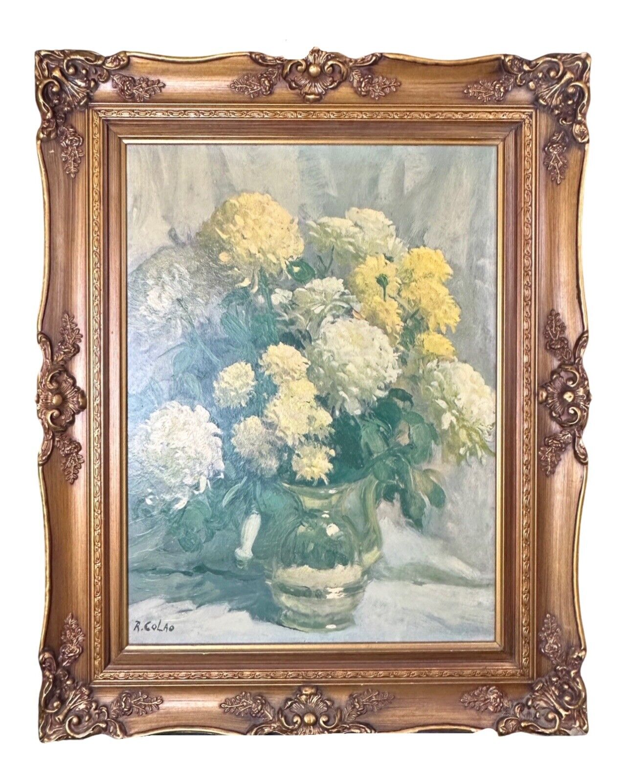 RALPH CAOLO Vintage Floral Still Life Lithograph in Carved Wood Frame