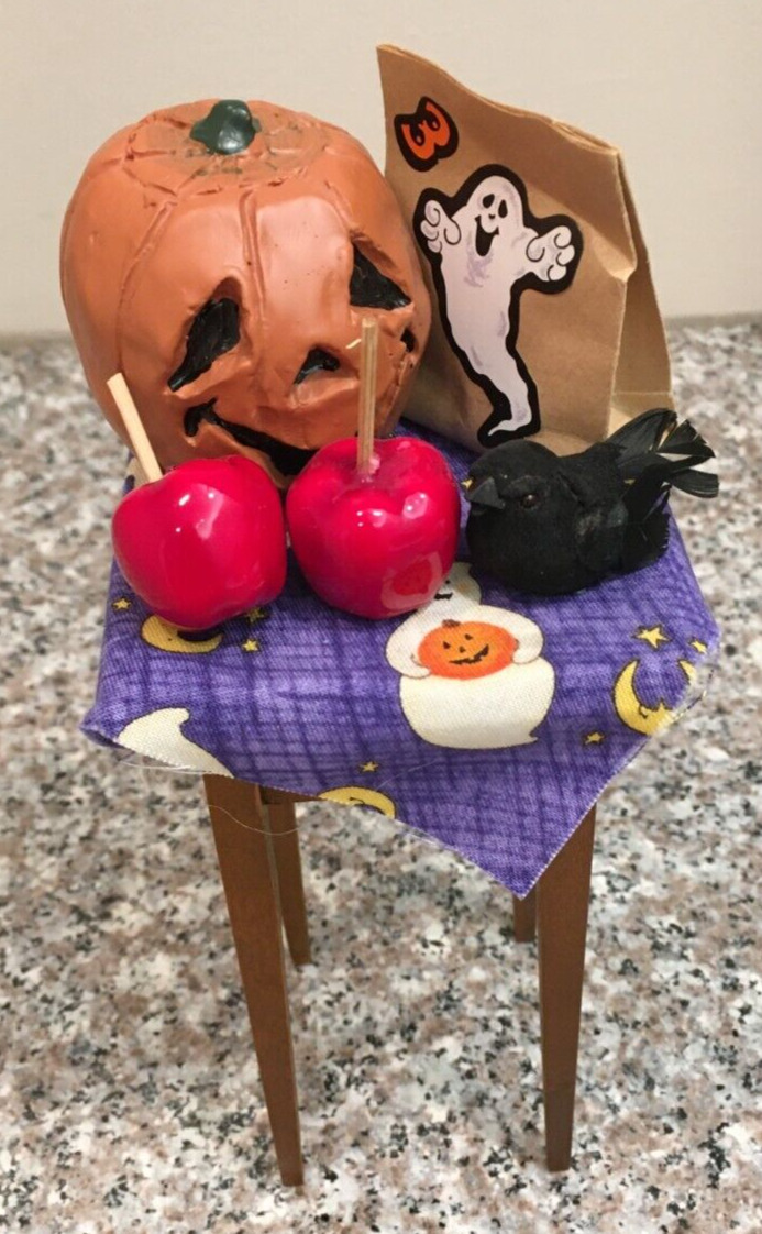 Byers Choice Halloween Table with Pumpkin, Candy Apples, Raven & Treat Bag