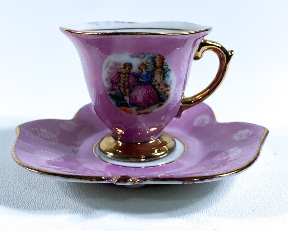 Vintage Meissen Vienna China Pink Teacup Tea Cup Saucer Courting Couple